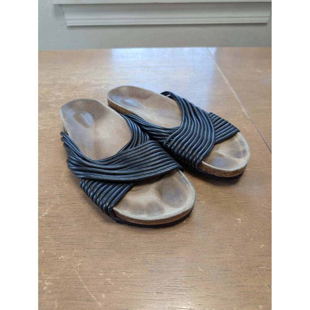 Loeffler Randall Womens Black Leather Cord Multi-Strap Cork Slide Sandals Size 9